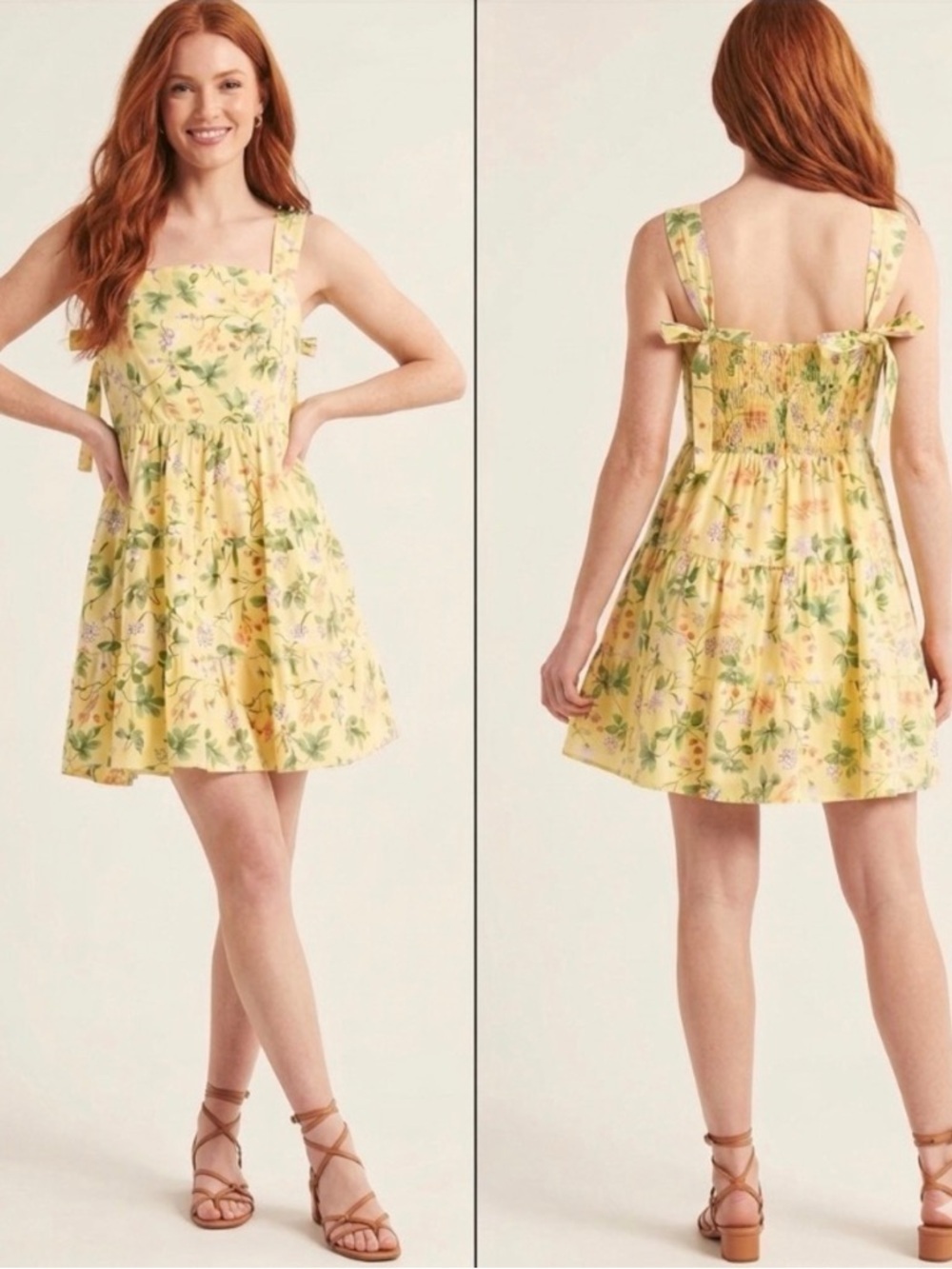&Merci Casey Charming Yellow Floral Smocked Boho Coquette Tie-Strap Mini Dress L
